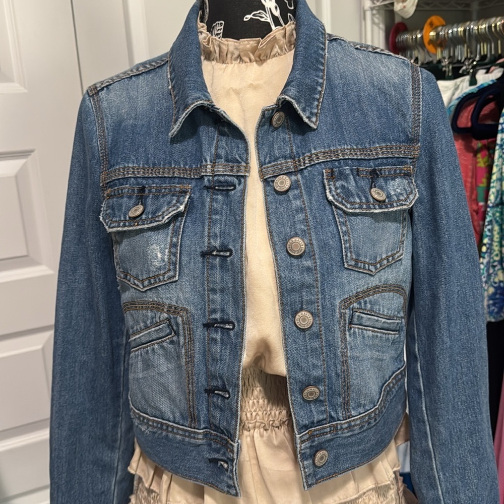 Old Navy Cropped Blue Denim Jacket Elbow Patch Medium - Picture 7 of 11